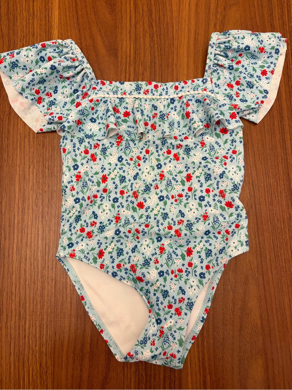 Janie and Jack Light Blue + Red + White Floral Ruffle One-Piece Swimsuit